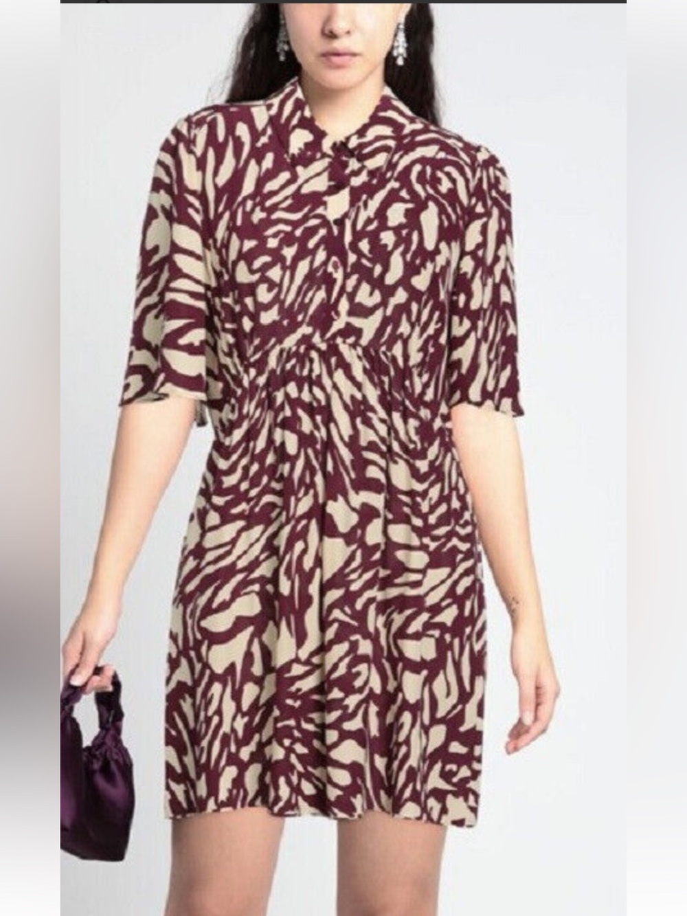 ba&sh Goa Bordeaux Printed Crepe De Chine Mini Dress in Cream and Maroon S/US4